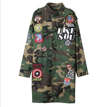 Harajuku Badge Letter Appliques Embroidery Ghost head Camoufla Trench Woman Stand Collar Loose Coat Casual Outerwear