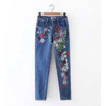 Harajuku Blue Flower Embroidery Denim Pants Woman Harem Jeans Femme Long Jeans Feminino
