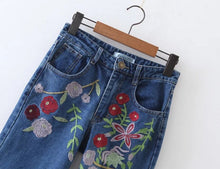 Harajuku Blue Flower Embroidery Denim Pants Woman Harem Jeans Femme Long Jeans Feminino