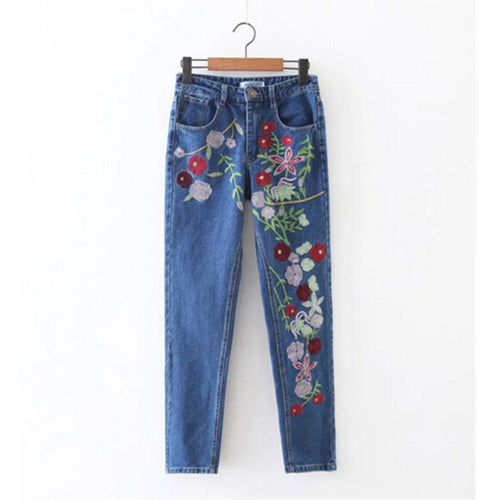 Harajuku Blue Flower Embroidery Denim Pants Woman Harem Jeans Femme Long Jeans Feminino