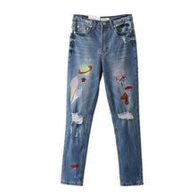 Harajuku Blue Ripped Hole Sequins Embroidery Denim Pants Woman Full length Jeans Femme Long Jeans Feminino