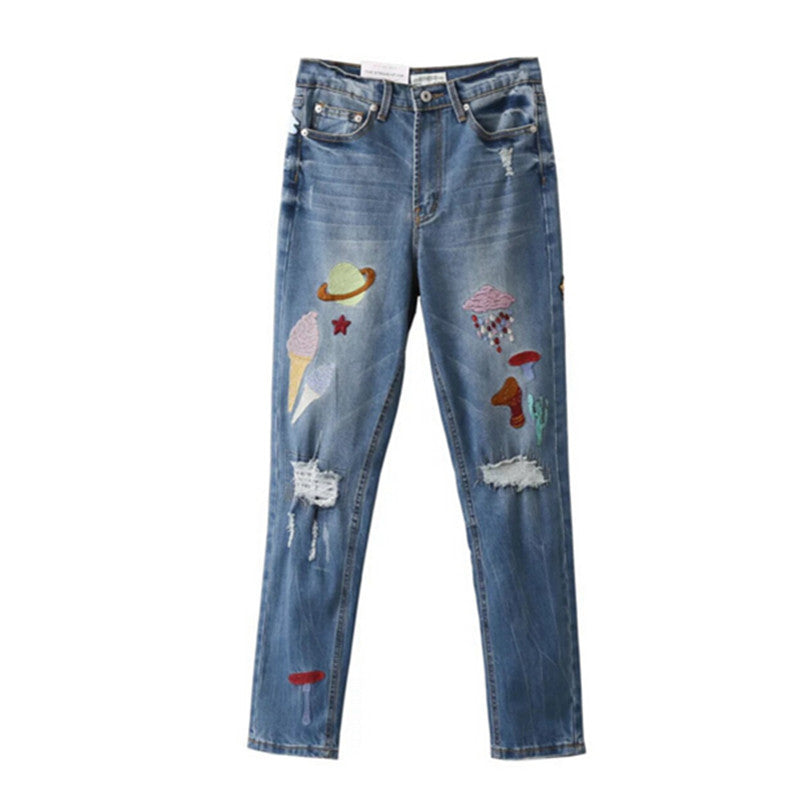 Harajuku Blue Ripped Hole Sequins Embroidery Denim Pants Woman Full length Jeans Femme Long Jeans Feminino