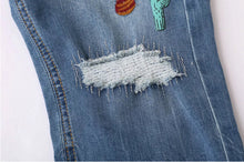 Harajuku Blue Ripped Hole Sequins Embroidery Denim Pants Woman Full length Jeans Femme Long Jeans Feminino