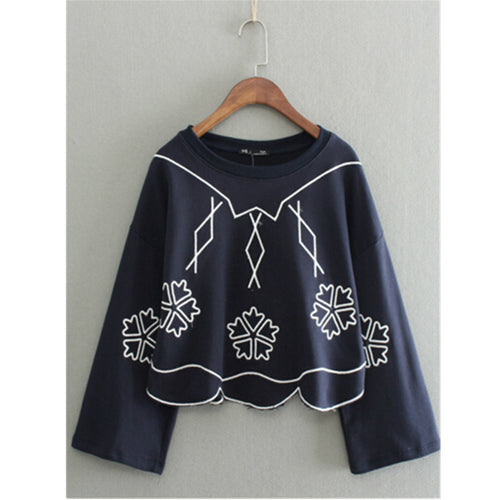 Harajuku Casual Flower Wave line Embroidery Hoodies Sweatshirts O neck Sweats Women Clothing Feminina Loose Short Jumper Sweats