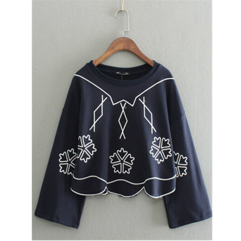Harajuku Casual Flower Wave line Embroidery Hoodies Sweatshirts O neck Sweats Women Clothing Feminina Loose Short Jumper Sweats