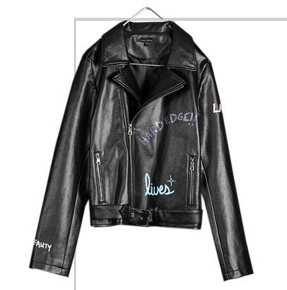 Harajuku Graffiti Letter print PU Faux Leather Jacket Women Bandageg Hem Zipper Slim Motorcycle Biker Coat Black Outerwear