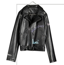 Harajuku Graffiti Letter print PU Faux Leather Jacket Women Bandageg Hem Zipper Slim Motorcycle Biker Coat Black Outerwear