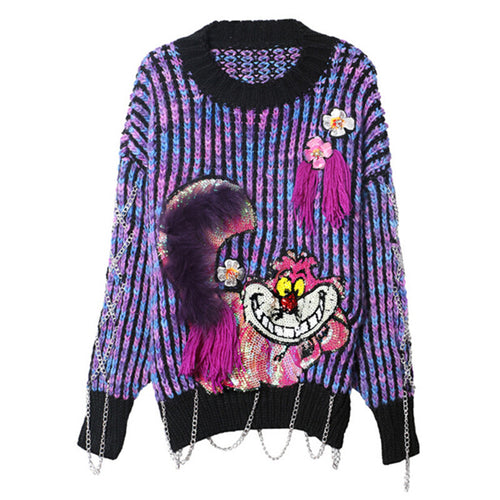 Harajuku Mix colored Sequined Tassel Metal Chain Sweater Woman O neck Fringed Knitwear Jumper Pullover kleding jerseis femme