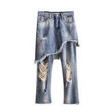Harajuku Ripped Hole False 2 pieces Ankle-length Denim Pants Woman Casual Jeans Femme light Blue color