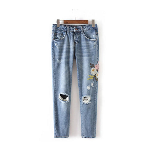 Harajuku Ripped Hole Flower Embroidery Denim Pants Woman Casual Jeans Femme Taille Haute Pantalon Pants Long Jeans Feminino