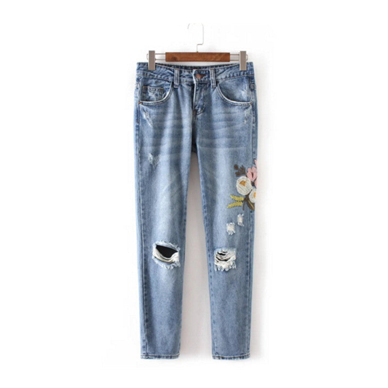 Harajuku Ripped Hole Flower Embroidery Denim Pants Woman Casual Jeans Femme Taille Haute Pantalon Pants Long Jeans Feminino