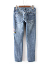 Harajuku Ripped Hole Flower Embroidery Denim Pants Woman Casual Jeans Femme Taille Haute Pantalon Pants Long Jeans Feminino