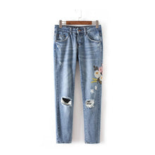 Harajuku Ripped Hole Flower Embroidery Denim Pants Woman Casual Jeans Femme Taille Haute Pantalon Pants Long Jeans Feminino