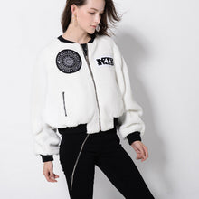 Harajuku Short Hairy Shaggy Embroidery Badge Jacket Stylish Women PU leather Pockets Pilots Bomber Coat Loose Outerwear White