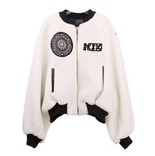 Harajuku Short Hairy Shaggy Embroidery Badge Jacket Stylish Women PU leather Pockets Pilots Bomber Coat Loose Outerwear White