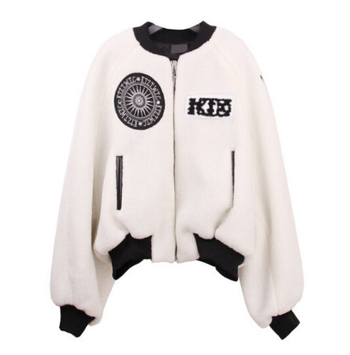 Harajuku Short Hairy Shaggy Embroidery Badge Jacket Stylish Women PU leather Pockets Pilots Bomber Coat Loose Outerwear White