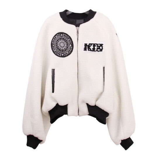 Harajuku Short Hairy Shaggy Embroidery Badge Jacket Stylish Women PU leather Pockets Pilots Bomber Coat Loose Outerwear White