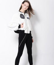 Harajuku Short Hairy Shaggy Embroidery Badge Jacket Stylish Women PU leather Pockets Pilots Bomber Coat Loose Outerwear White