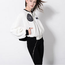 Harajuku Short Hairy Shaggy Embroidery Badge Jacket Stylish Women PU leather Pockets Pilots Bomber Coat Loose Outerwear White