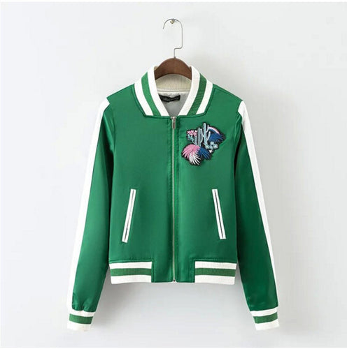 Harajuku Vintage Satin Plant Cactus Embroidery Jacket Women Contrast color Bomber Jacket Coat Pilots Outerwear