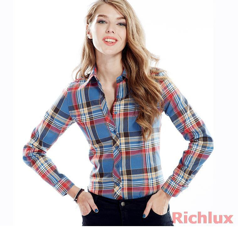 Plaid Blouses Shirts For Women Ladies Long Sleeve Grip Blouses Cute OL Top Shirts Blusas J2349