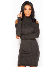 Sexy Cold Shoulder Women's Turtle Neck Dresses Knitted Solid Slim Bodycon Mini Dress Vestidos S-XL LX120