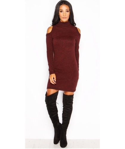Sexy Cold Shoulder Women's Turtle Neck Dresses Knitted Solid Slim Bodycon Mini Dress Vestidos S-XL LX120