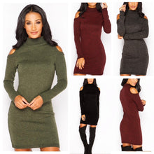 Sexy Cold Shoulder Women's Turtle Neck Dresses Knitted Solid Slim Bodycon Mini Dress Vestidos S-XL LX120
