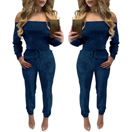 Sexy Off the Shoulder Pleuche Drawstring Long Jumpsuit Puls Size Women's Pink Blue Rompers Costomes Femininos LX137