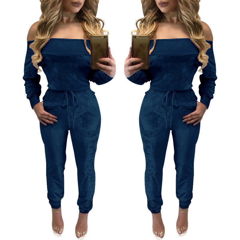 Sexy Off the Shoulder Pleuche Drawstring Long Jumpsuit Puls Size Women's Pink Blue Rompers Costomes Femininos LX137