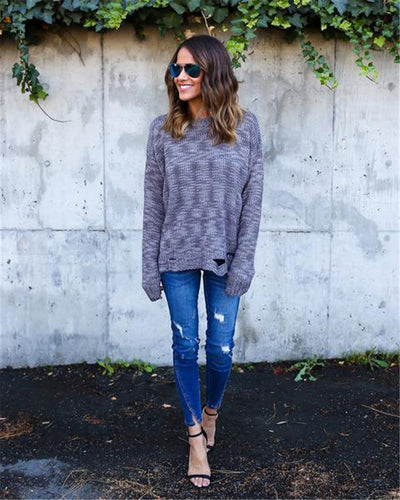 Solid Slim Fit Pullovers Knitted Sweater With Grey Black Hem Hole Tops Plus Size Knittwear LX090