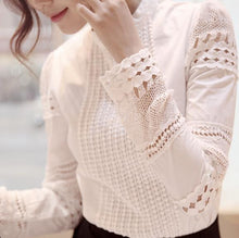 Women's Cotton Shirts long-sleeved Blouses Slim basic Tops hollow lace shirts For J2531