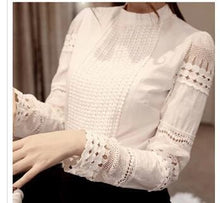 Women's Cotton Shirts long-sleeved Blouses Slim basic Tops hollow lace shirts For J2531