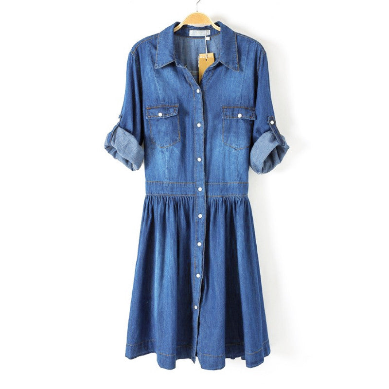 plus-size-women-clothing-new-denim-dress-slim-cowboy-casual-a-line-dress-with-buttons BBL