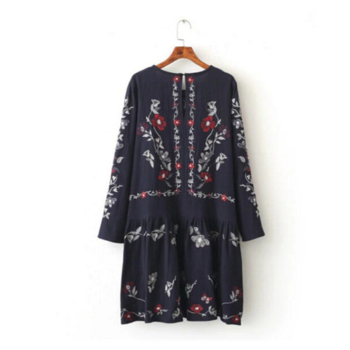 Vintage O neck Flower Embroidery Dress Woman Contrast color Long Sleeve Loose blusas Dresses