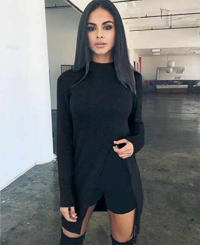 Women's Cotton Side Split Pullovers Long Sleeved O Neck Solid Long Sweater Tops Plus Size 3 Colors LX097