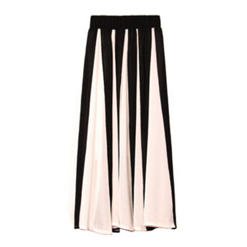 Black Contrast White Color Patchwork Skirt Women Vintage Elastic Waist Loose Midi Long Skirts