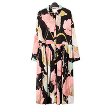 Retro Flower Print Pleated Long Shirt Dress Women Lapel Long Sleeve Loose Midi Pleated Dresses Large size