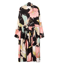 Retro Flower Print Pleated Long Shirt Dress Women Lapel Long Sleeve Loose Midi Pleated Dresses Large size