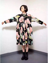 Retro Flower Print Pleated Long Shirt Dress Women Lapel Long Sleeve Loose Midi Pleated Dresses Large size