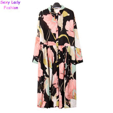 Retro Flower Print Pleated Long Shirt Dress Women Lapel Long Sleeve Loose Midi Pleated Dresses Large size