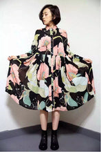 Retro Flower Print Pleated Long Shirt Dress Women Lapel Long Sleeve Loose Midi Pleated Dresses Large size
