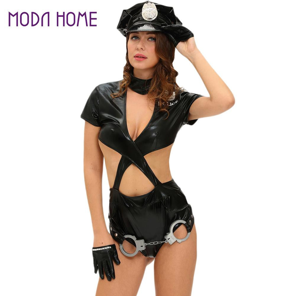 exotic-women-sexy-cop-halloween-uniform-set-6pcs-policewoman-sets-v-neck-cross-cutout-leathery-jumpsuit-cosplay-cop-costume BBL