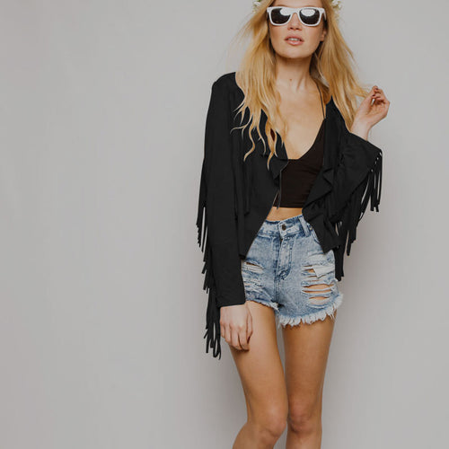 Tassel Women Jacket Slim Short Women Coats and Jackets Vintage Faux Sueded Fringe Coat Women