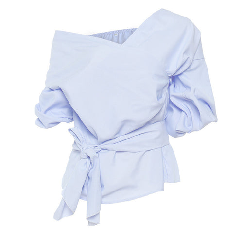 Off Shoulder Shirts Women Three Quarter Lantern Sleeve Women Tops Sexy Deep V Neck Women Blouses With Belt