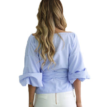 Off Shoulder Shirts Women Three Quarter Lantern Sleeve Women Tops Sexy Deep V Neck Women Blouses With Belt