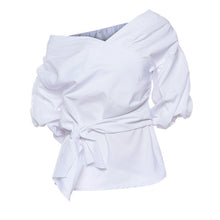 Off Shoulder Shirts Women Three Quarter Lantern Sleeve Women Tops Sexy Deep V Neck Women Blouses With Belt