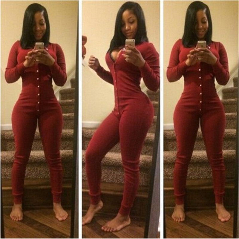 Sexy Jumpsuit Bodysuit Long Sleeve Button Decorated Rompers Knitted Bodycon Jumpsuit Playsuit For Women