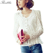 Elegant Lace Blouses Long Sleeve Chiffon Patchwork Crochet Blouse V Neck Shoulder Padded White Blouse XXL