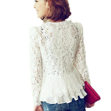 Elegant Lace Blouses Long Sleeve Chiffon Patchwork Crochet Blouse V Neck Shoulder Padded White Blouse XXL